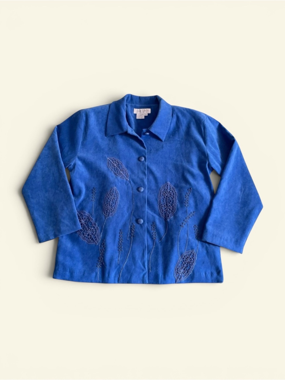 Vintage Great Cavalier Blue Faux Suede Embroidered Lace Leaf Jacket Women's S